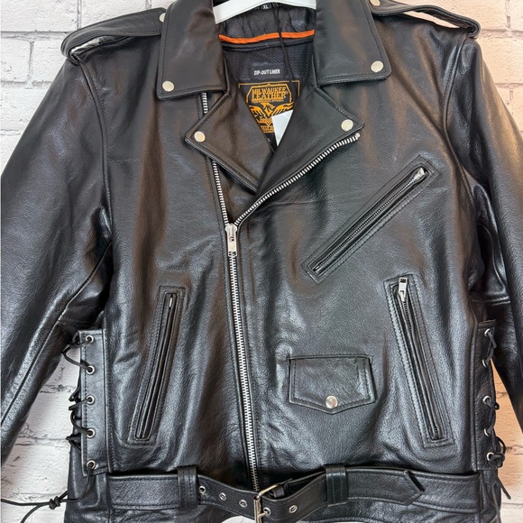 Men’s Milwaukee Brando Classic Black Leather Motorcycle Jacket SH1011 Size XL - Picture 3 of 15